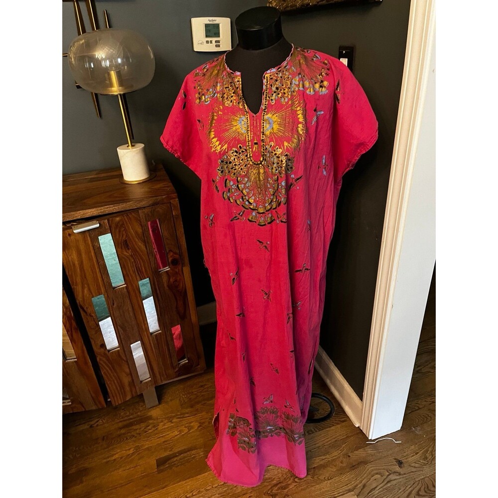 Vintage Hand painted Screen print Kaftan Mumu Maxi Dress 1970’s Party Festival